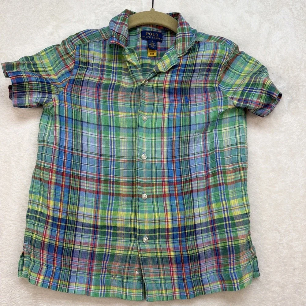 Polo Ralph Lauren Boys Madras Plaid Shirt‎ Linen Preppy Coastal Size 5
